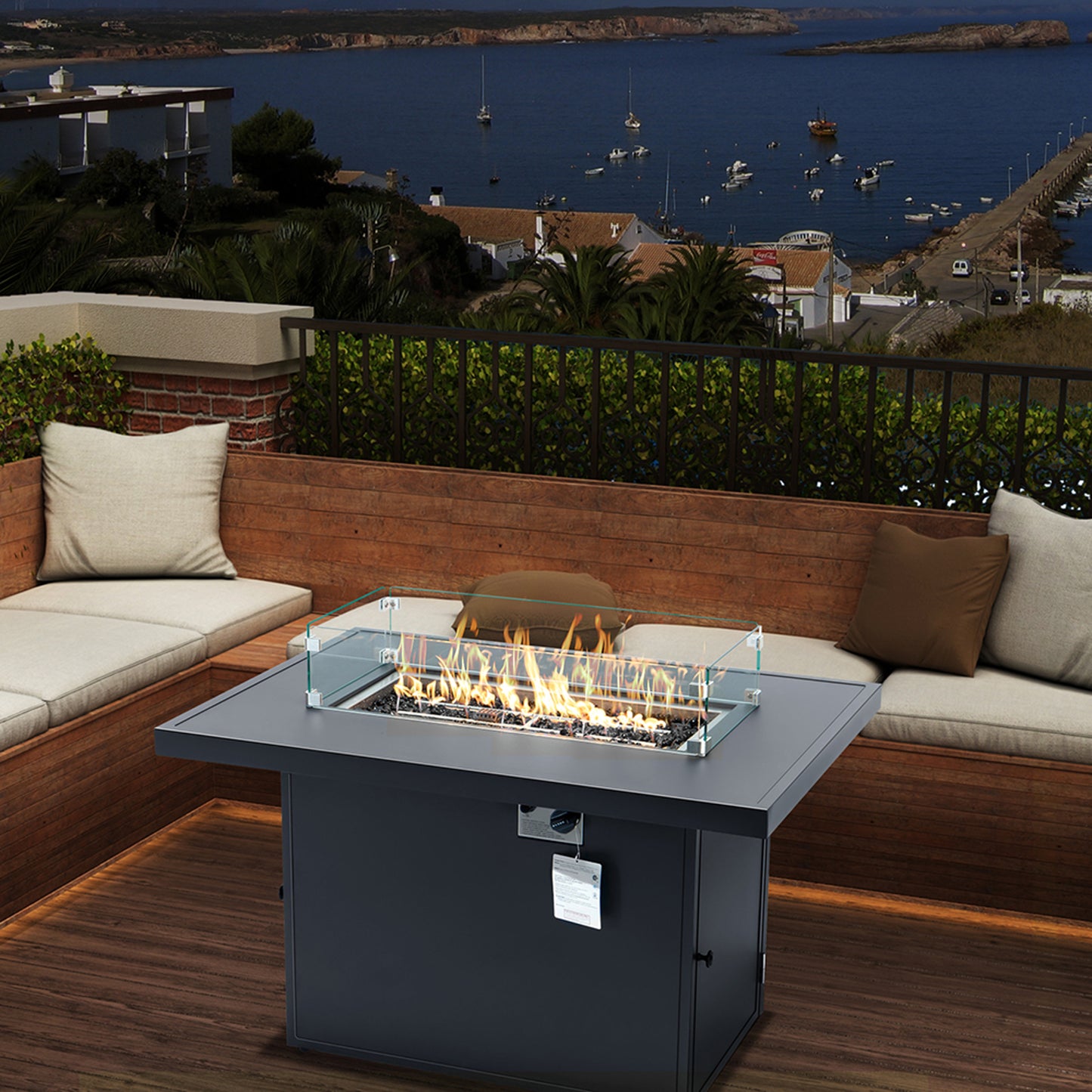 44 inch Gas Fire Pit Table, SYNGAR 2-in-1 55,000 BTU Propane Gas Fire Pit Table, Outdoor Propane Fire Pit with Glass Wind Guard, Black Rocks and Lid, for Patio, Backyard, Garden, Poolside, C03