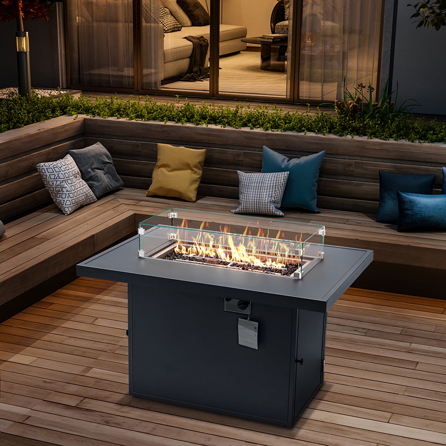44 inch Gas Fire Pit Table, SYNGAR 2-in-1 55,000 BTU Propane Gas Fire Pit Table, Outdoor Propane Fire Pit with Glass Wind Guard, Black Rocks and Lid, for Patio, Backyard, Garden, Poolside, C03