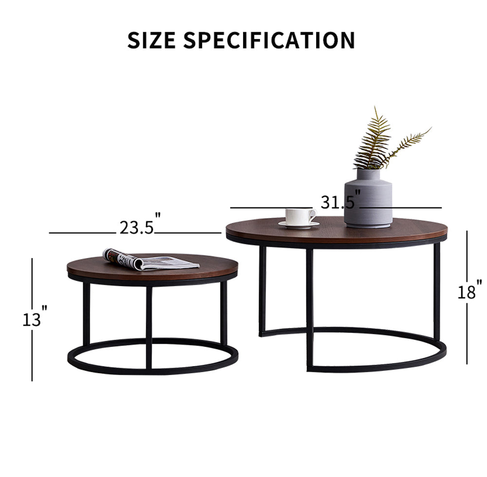 SYNGAR Round Modern Nesting Coffee Set of 2, Stacking Living Room Accent Tables with Industrial Wood Finish and Powder Coated Metal Frame, Walnut and Black