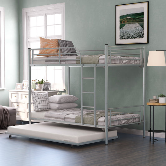 SYNGAR Twin Over Twin Bunk Bed with Trundle, Metal Twin Bed with Safety Guard Rail & Ladders, Space-Saving Design Sleeping Bedroom Bunk Bed for Boys, Girls, Kids, Young Teens & Adults, Easy Assembly