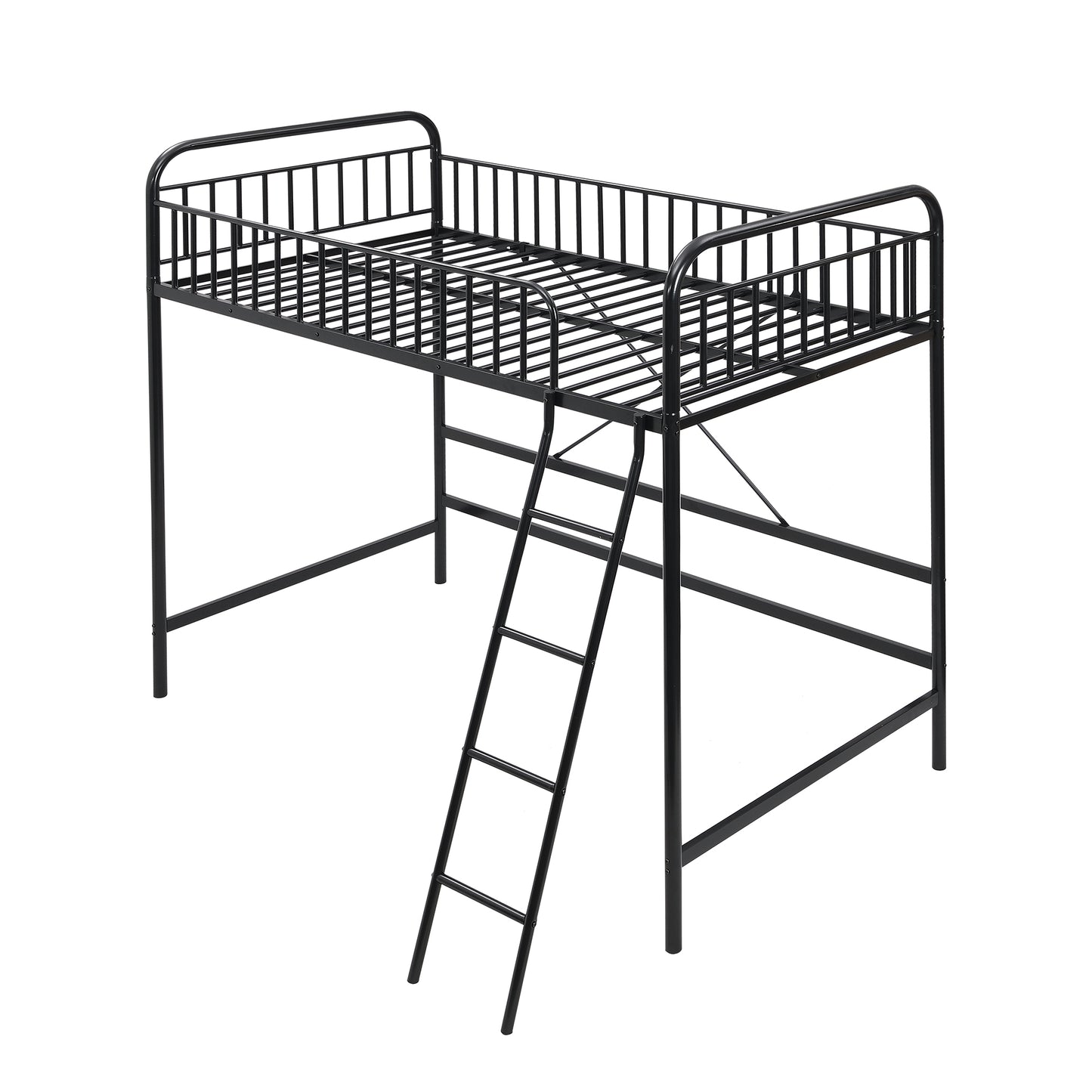 Twin Loft Bed Frame for Teens Kids, Metal Bed Frames in Twin w/ Guardrail and Underneath Space for Bedroom, Black, LJ436