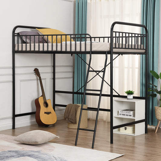 Twin Loft Bed Frame for Teens Kids, Metal Bed Frames in Twin w/ Guardrail and Underneath Space for Bedroom, Black, LJ436