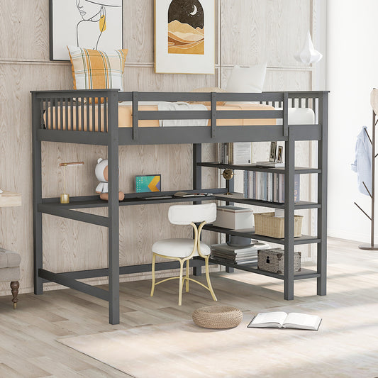 Loft Bed Full, Rubber Wood Loft Bed with Desk, Full Size Bunk Bed, Loft Bed Frame with Storage Shelves, Kids Bedroom Furniture Full Bed Frames for Adults Kids Teens, Gray