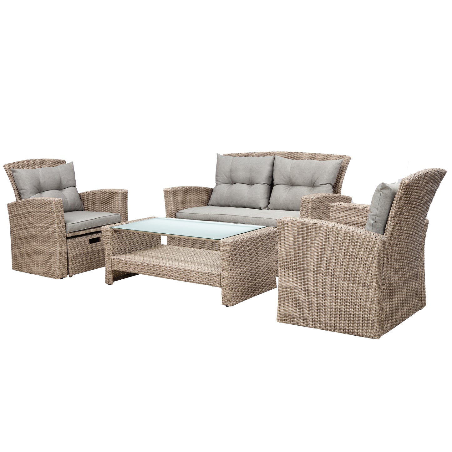 SYNGAR 4 Pieces Outdoor Patio Conversation Set, PE Rattan Wicker Furniture Set, Outdoor Patio Set Bistro Set with Loveseat Sofa, Single Chairs, Ottoman, Coffee Table for Backyard, Poolside, Gray