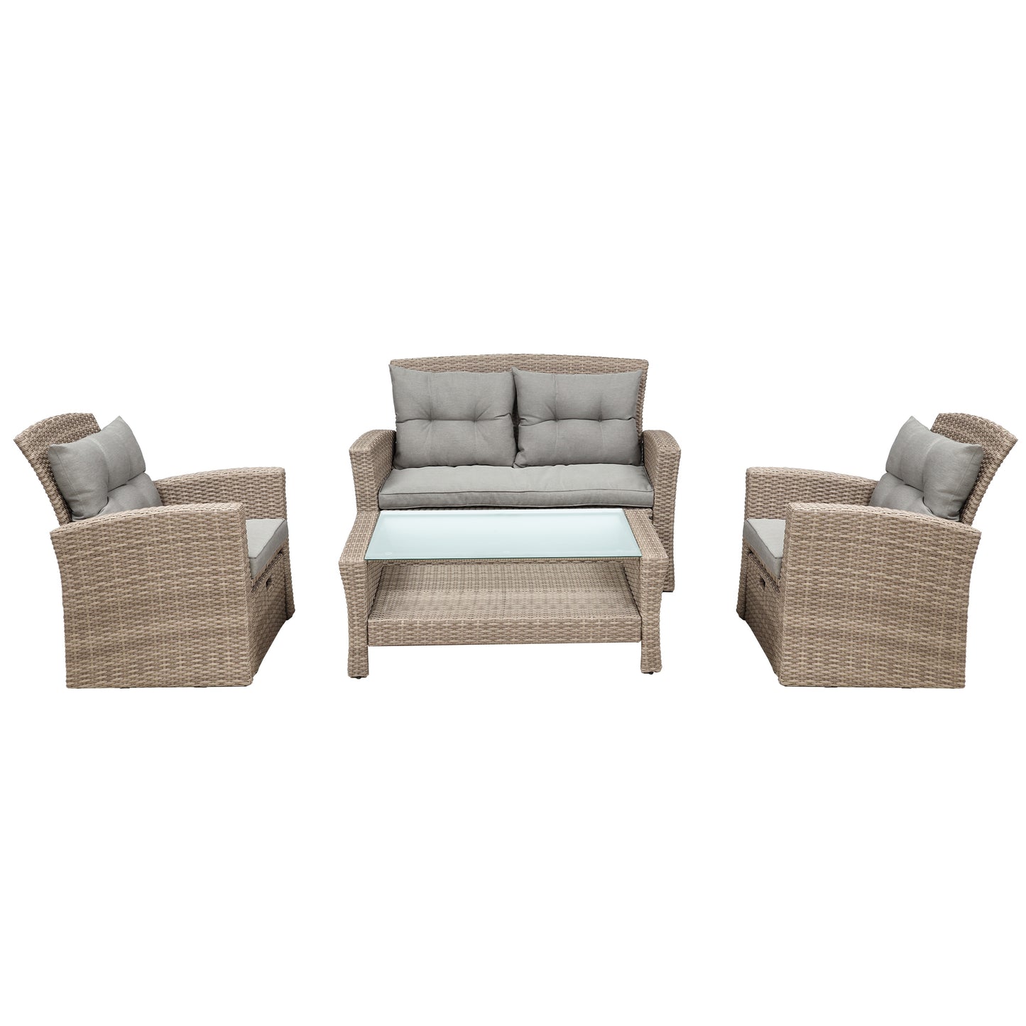 SYNGAR 4 Pieces Outdoor Patio Conversation Set, PE Rattan Wicker Furniture Set, Outdoor Patio Set Bistro Set with Loveseat Sofa, Single Chairs, Ottoman, Coffee Table for Backyard, Poolside, Gray