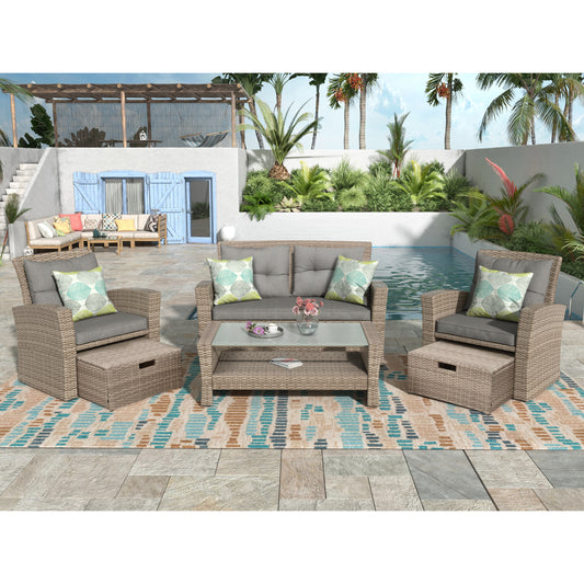 SYNGAR 4 Pieces Outdoor Patio Conversation Set, PE Rattan Wicker Furniture Set, Outdoor Patio Set Bistro Set with Loveseat Sofa, Single Chairs, Ottoman, Coffee Table for Backyard, Poolside, Gray