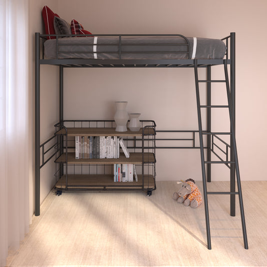 SYNGAR Loft Bunk Bed for Kids, Twin Bed Frame with Full-length Guardrail and Ladder, Platform Bed Frame No Box Spring Needed, Black, LJ473