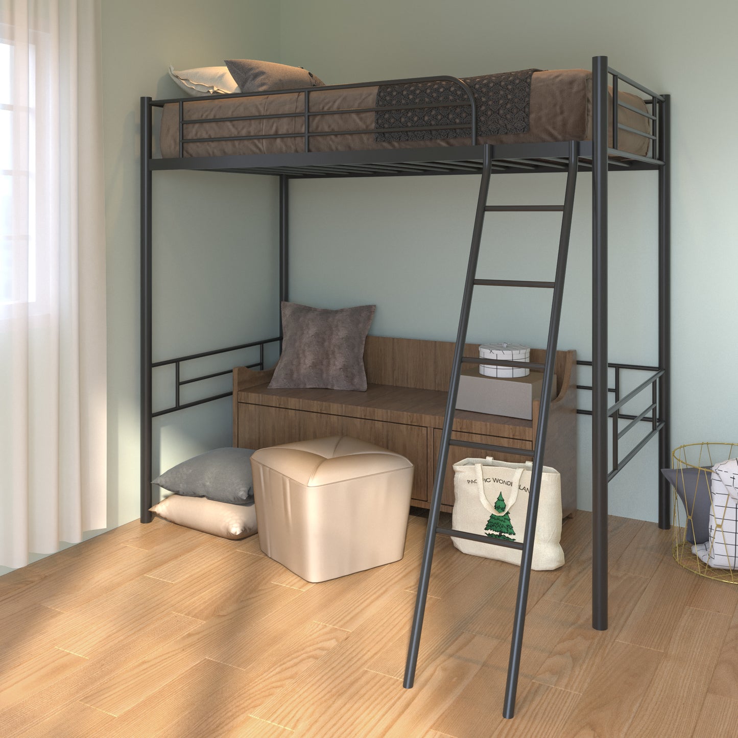 SYNGAR Loft Bunk Bed for Kids, Twin Bed Frame with Full-length Guardrail and Ladder, Platform Bed Frame No Box Spring Needed, Black, LJ473