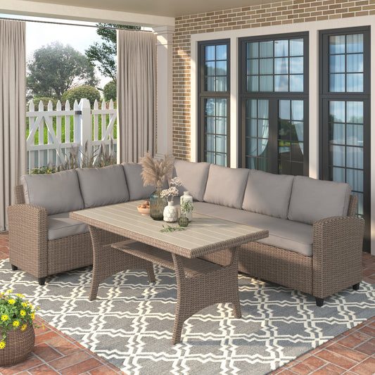 3 Piece Patio Conversation Sets, All-Weather Wicker Outdoor Furniture Sectional Sofa Couch Dining Set with Table, Seat Cushions, Pillows for Garden, Lawn, Backyard, Front Porch, Brown