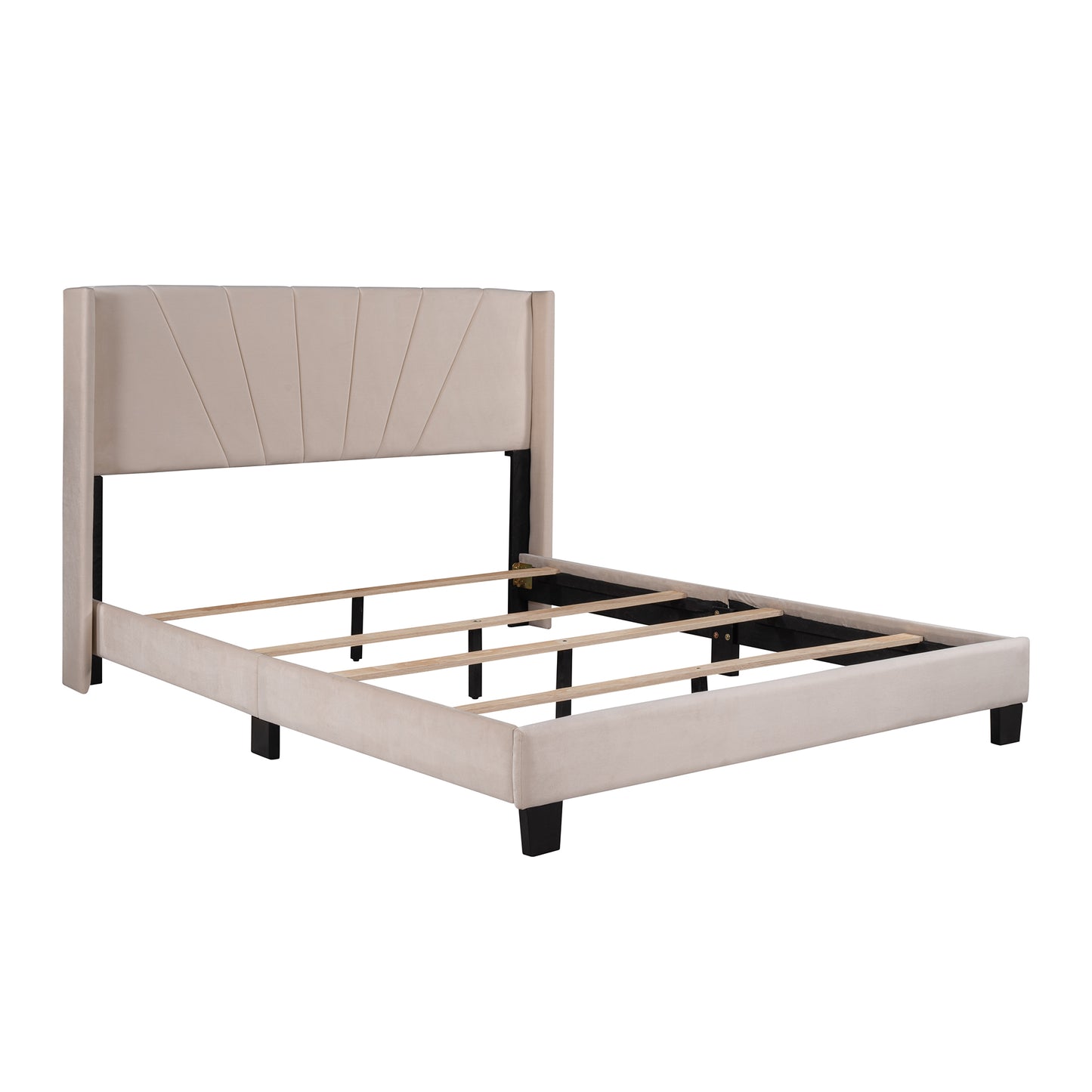 Syngar Velvet Upholstered Platform Bed Frame with Headboard, Queen Size Bed for Kids Teens Adults, Box Spring Needed, 500 LBS Load Capacity, Beige