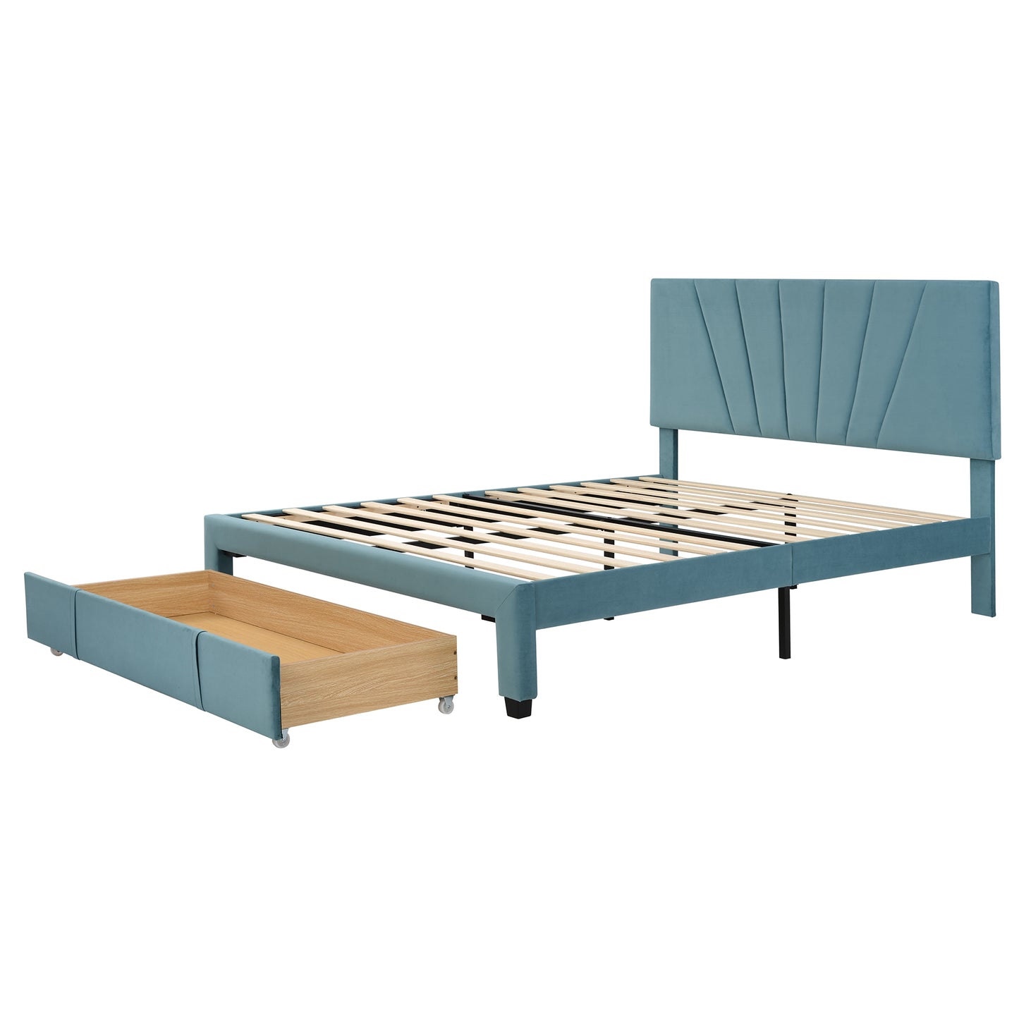 SYNGAR Upholstered Queen Platform Bed Frame with Storage Drawers, Queen Size Storage Bed with Velvet Headboard, Mattress Foundation with Strong Slats, No Box Spring Needed, Noise Free, Blue