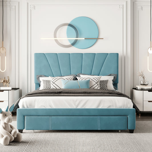 SYNGAR Upholstered Queen Platform Bed Frame with Storage Drawers, Queen Size Storage Bed with Velvet Headboard, Mattress Foundation with Strong Slats, No Box Spring Needed, Noise Free, Blue