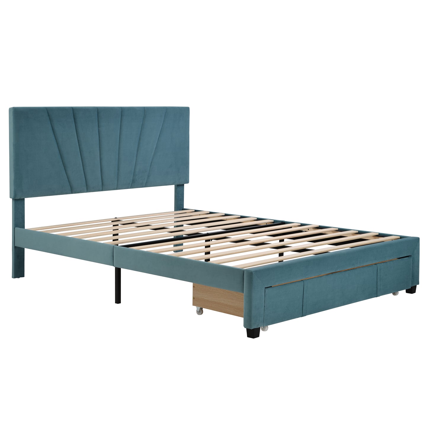 SYNGAR Upholstered Queen Platform Bed Frame with Storage Drawers, Queen Size Storage Bed with Velvet Headboard, Mattress Foundation with Strong Slats, No Box Spring Needed, Noise Free, Blue