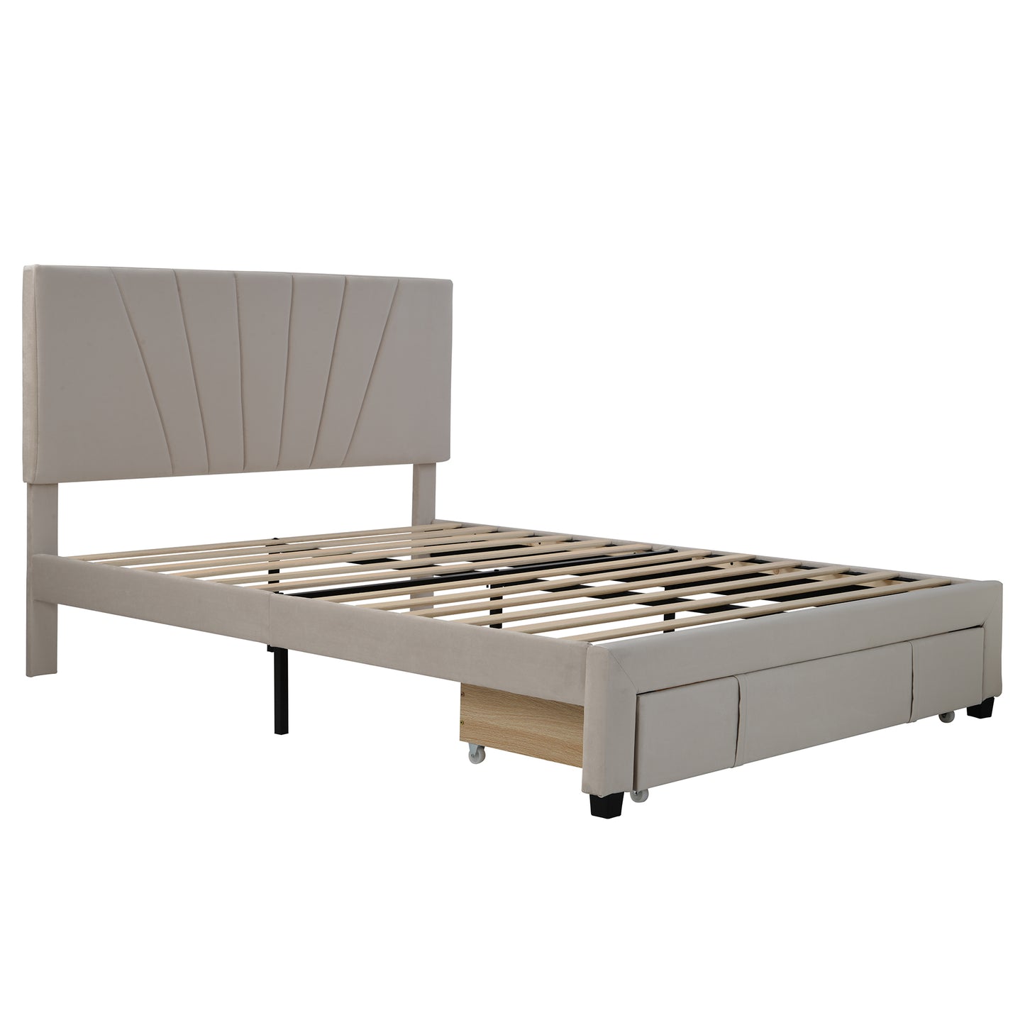 SYNGAR Upholstered Queen Platform Bed Frame with Storage Drawers, Queen Size Storage Bed with Velvet Headboard, Mattress Foundation with Strong Slats, No Box Spring Needed, Noise Free, Beige