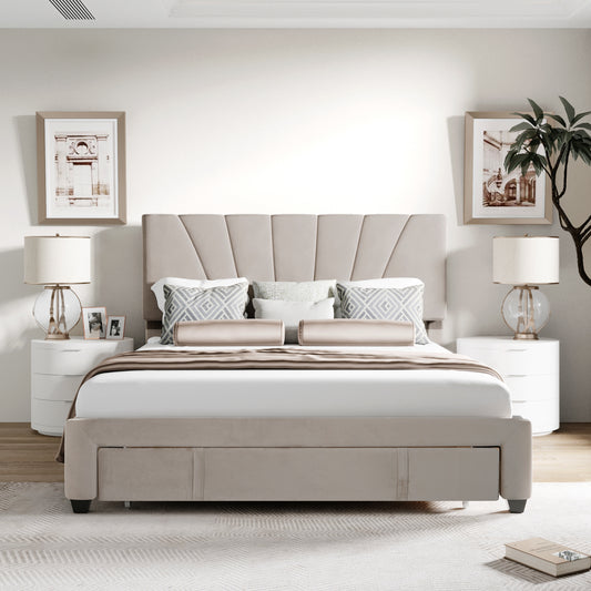 SYNGAR Upholstered Queen Platform Bed Frame with Storage Drawers, Queen Size Storage Bed with Velvet Headboard, Mattress Foundation with Strong Slats, No Box Spring Needed, Noise Free, Beige