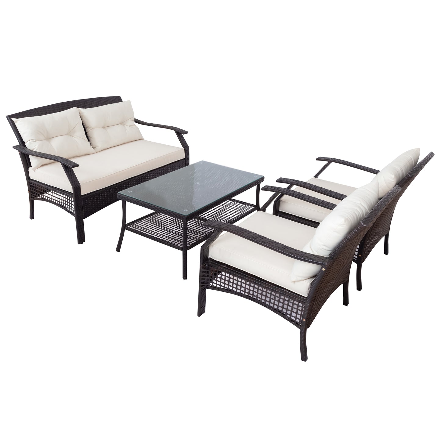 SYNGAR 4 Piece Patio Conversation Sets, Outdoor All Weather Wicker Furniture Sofa Couch Dining Set with Storage Table, Chairs, Loveseat, Cushioned Seats for Garden, Lawn, Backyard, Porch, Beige