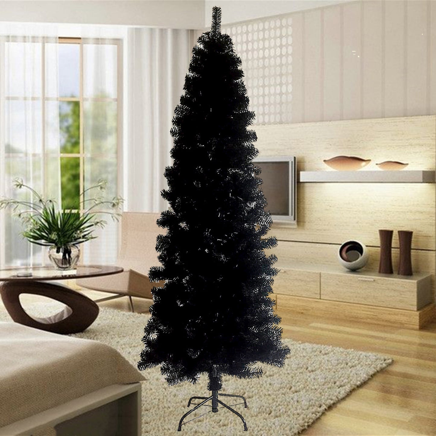 SYNGAR 7.5FT Pencil Christmas Tree, Slim Artificial Xmas Tree with 840 Branch Tips, Christmas Decor, Black