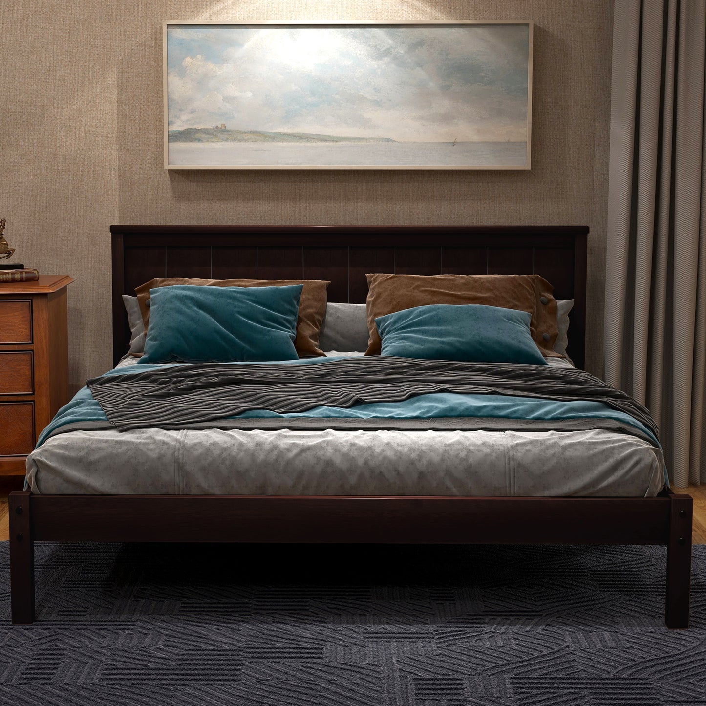 Full Platform Bed Frame, Solid Wood Bed Frame with Headboard, Full Bed Frame for Kids Adults, Full-Size Bed Frame for Bedroom, Espresso, LJ2434