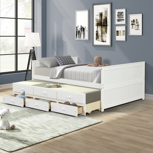 SYNGAR Bed Frame with Storage, Full Platform Bed with Trundle and 3 Storage Drawers for Kids Teens Adult, White, LJ2569