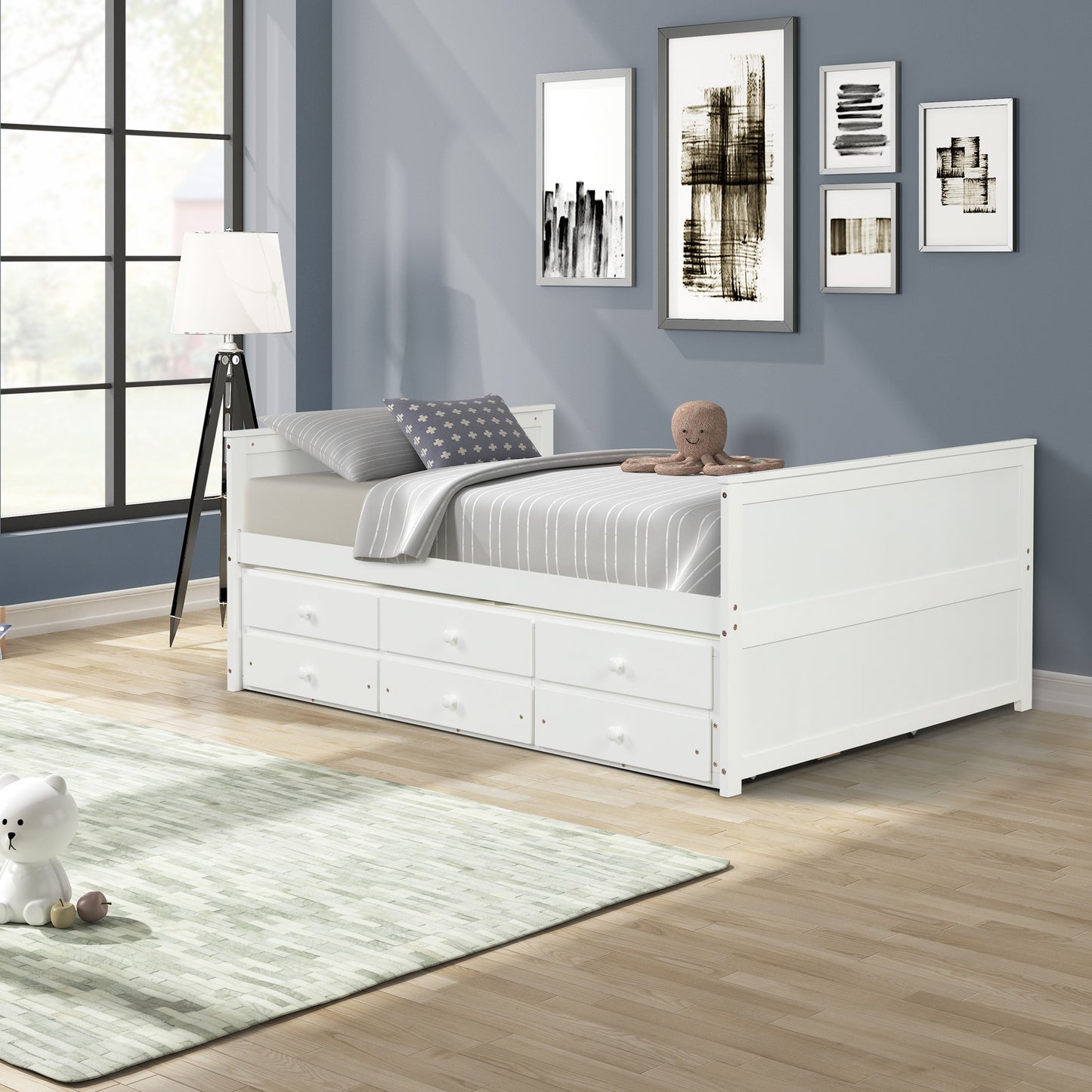 SYNGAR Bed Frame with Storage, Full Platform Bed with Trundle and 3 Storage Drawers for Kids Teens Adult, White, LJ2569