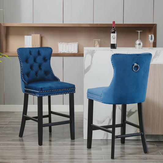 SYNGAR Bar Stools Set of 2, Velvet Upholstered Bar Chair with Wood Legs Nailhead Trim Tufted Back, High End Counter Height Bar Stools, Bar Chairs for Bar Counter Kitchen, Wood Barstool Set, Blue