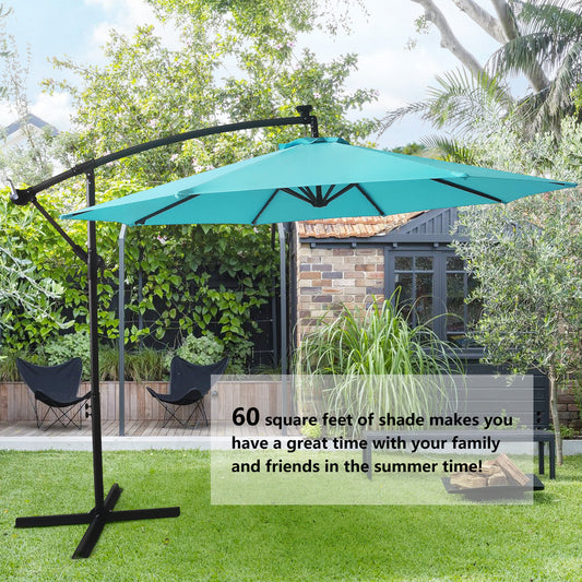Outdoor 10ft Cantilever Umbrella, SYNGAR Patio Offset Hanging Market Umbrella w/ 24 LED Lights, 8 Steel Ribs, Cross Base, Crank & Tilt Control, Patio Solar Umbrella for Garden, Pool, Yard, C07