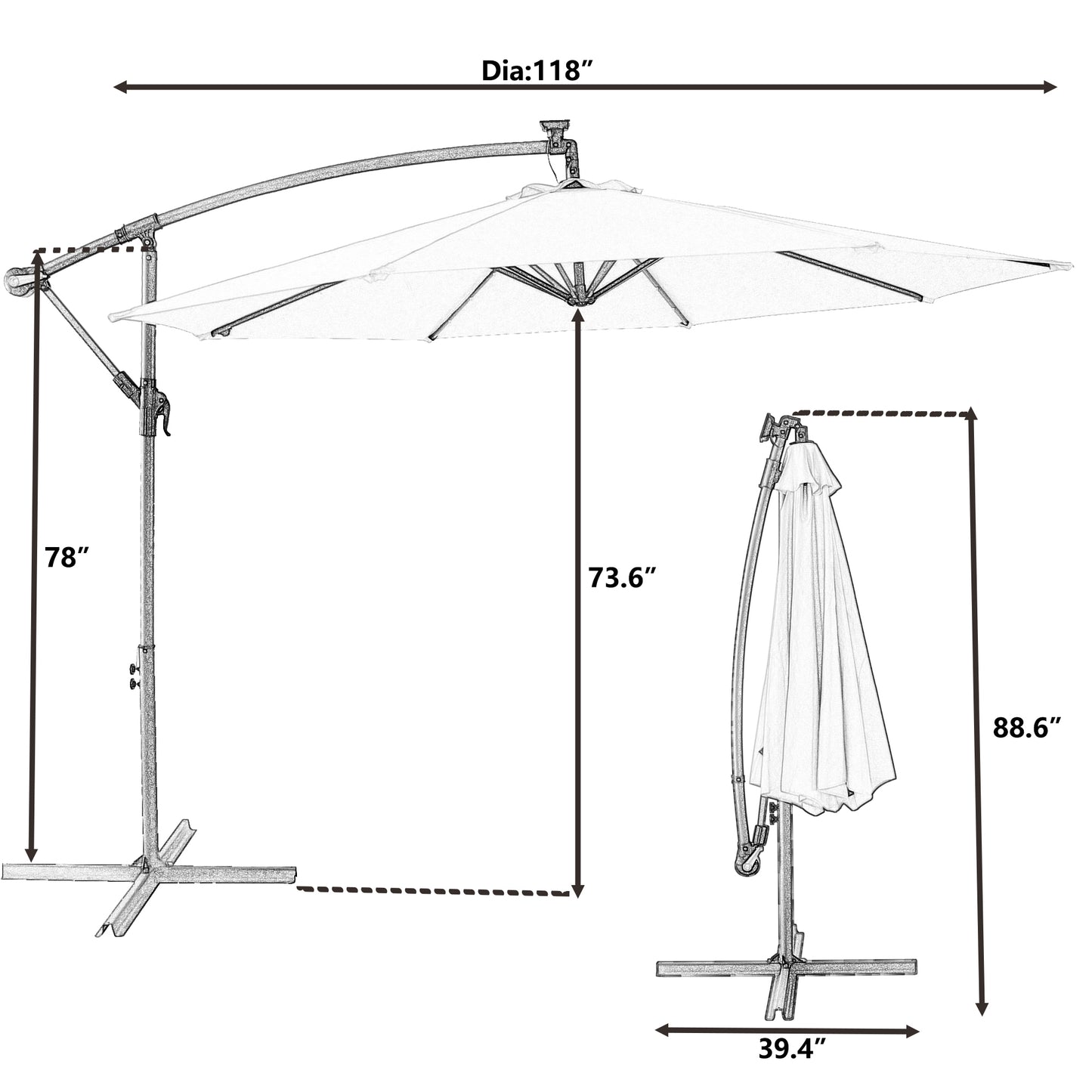 Outdoor 10ft Cantilever Umbrella, SYNGAR Patio Offset Hanging Market Umbrella w/ 24 LED Lights, 8 Steel Ribs, Cross Base, Crank & Tilt Control, Patio Solar Umbrella for Garden, Pool, Yard, C07