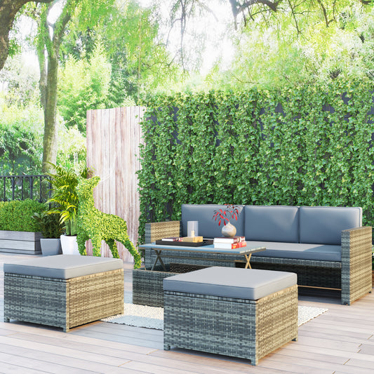 SYNGAR Gray 4 Piece Patio Wicker Furniture Set, UV Proof Rattan Outdoor Sectional Sofa Set with Retractable Table, Space Saving Conversation Bistro Set for Garden Balcony Backyard Poolside