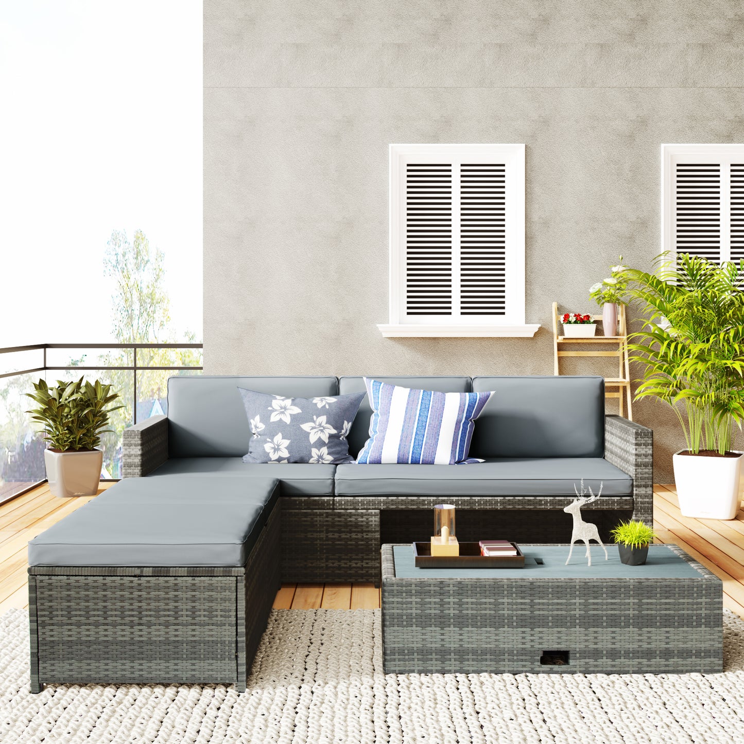SYNGAR Gray 4 Piece Patio Wicker Furniture Set, UV Proof Rattan Outdoor Sectional Sofa Set with Retractable Table, Space Saving Conversation Bistro Set for Garden Balcony Backyard Poolside