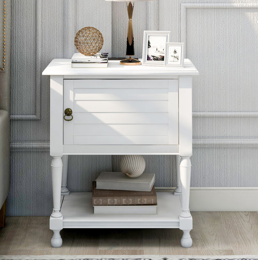 SYNGAR White Nightstand with Charging Station, Modern Solid Wood Nightstand with Large Slide Drawer and 2 Doors Flip Cabinet, Easy to Assemble, LJ1687