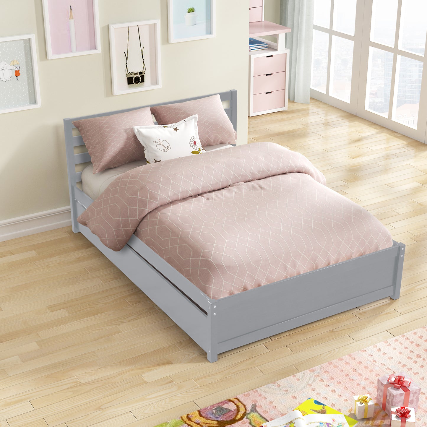 SYNGAR Full Size Bed Frame, Full Platform Bed with Trundle for Kids Teens Adult, Gray, LJ2563