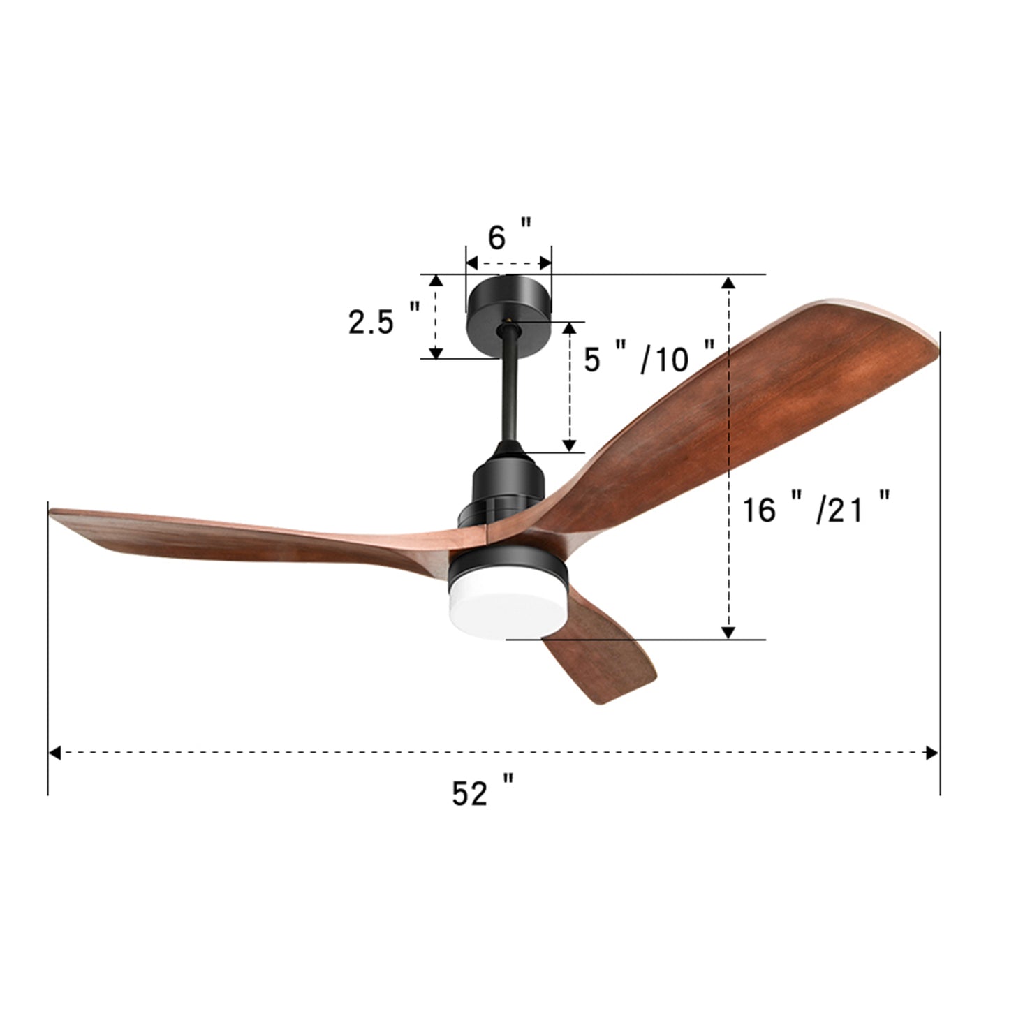 52-inch Modern Flush Ceiling Fans with Lights, 6 Speed Remote Control, Energy-Saving DC Motor, Natural Walnut Finish with 3 Wood Fan Blades
