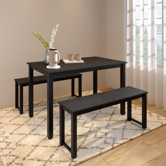 SYNGAR 3 Piece Dining Table Set, Modern Kitchen Table and Bench for 6, MDF Board Table Top and Metal Frame Kitchen Furniture Set, Breakfast Nook Table with 2 Benches for Home Apartment Office, B1207