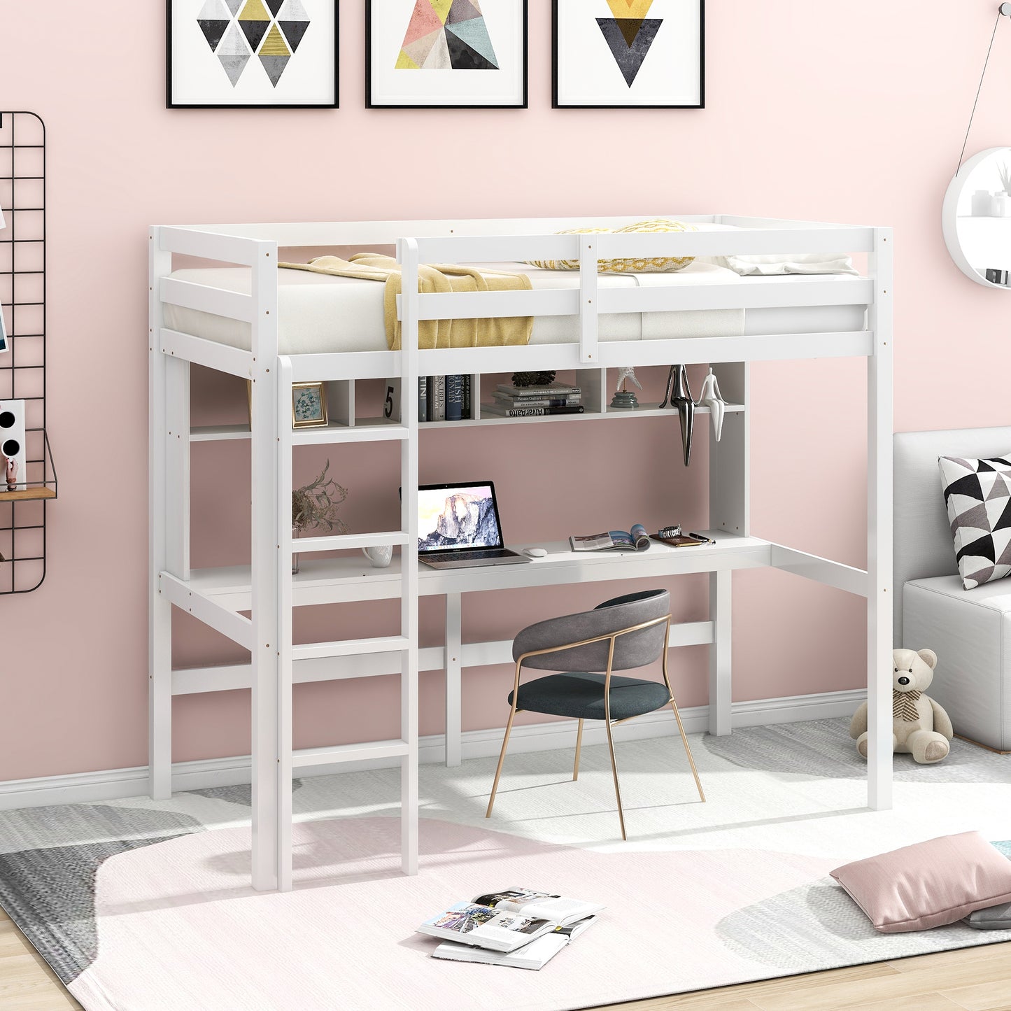 Wooden Twin Loft Bed with Desk, Twin Size Bunk Bed with Workstation Desk, Safety Rail, Wider Ladder for Kids Teens Adults, Space Saving Design, No Spring Box needed, White