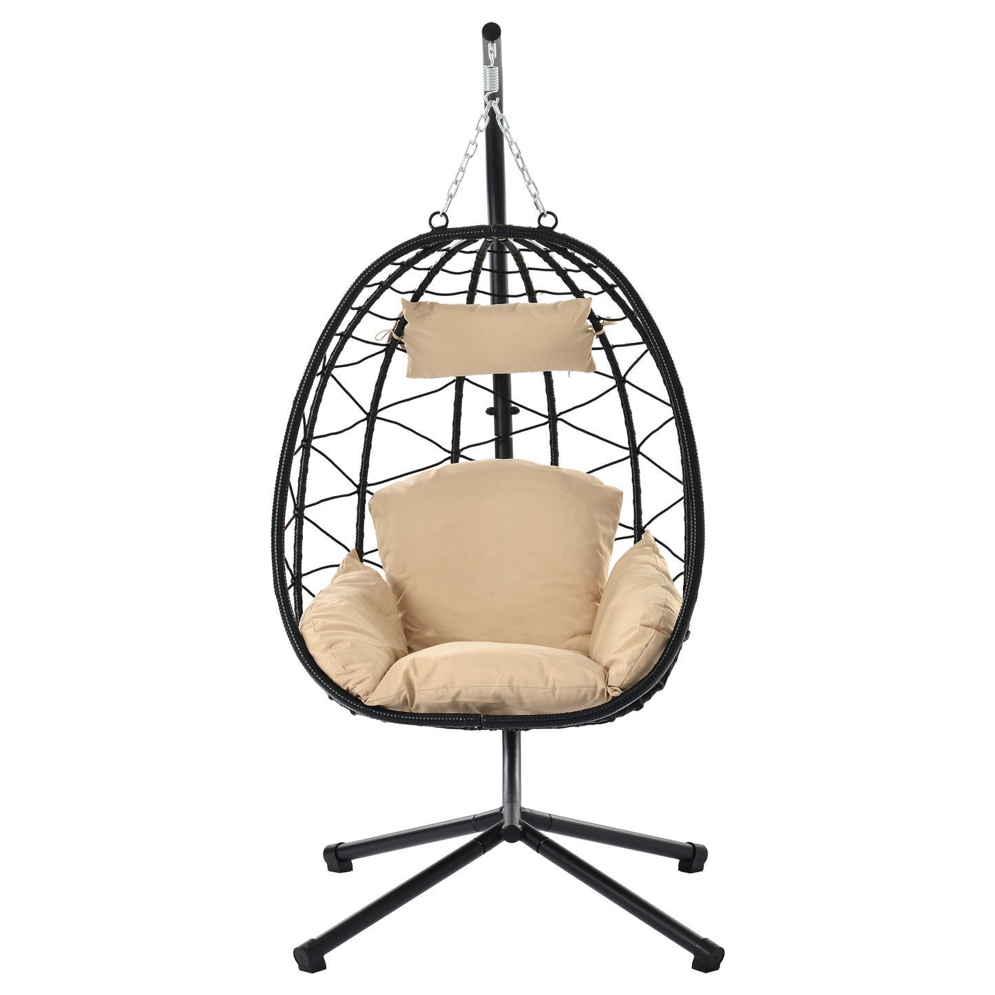 Wicker Egg Chair, Hanging Chair for Bedroom Indoor Outdoor, Swing Chair with Stand and UV Resistant Cushions for Patio Porch, Beige, LJ3811