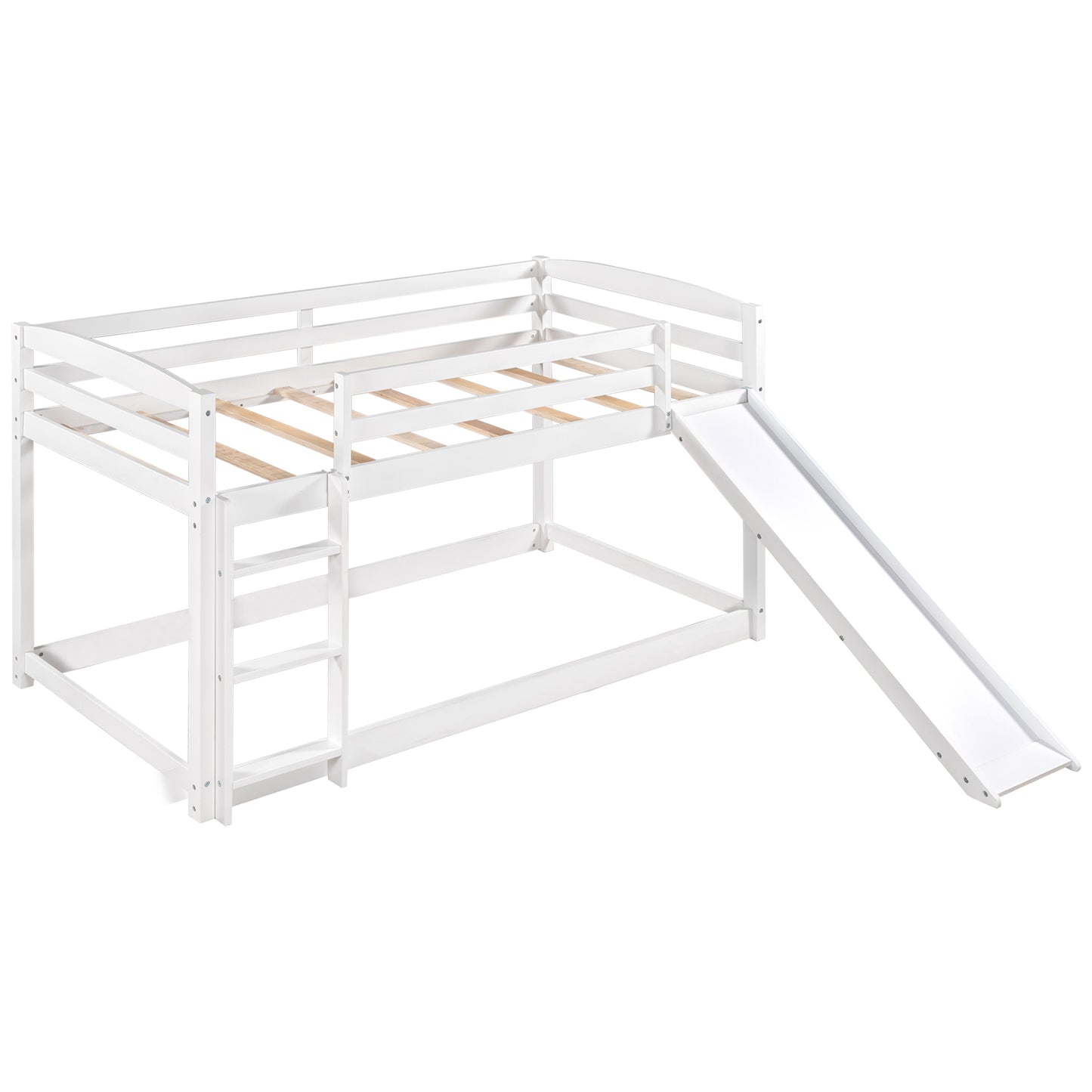 White Twin Bunk Beds with Slide for Kids, Low Profile Bunk Beds with Built-in Ladder, Kids Bedroom Furniture Floor Bed Frame for Toddlers Boys Girls, No Box Spring Needed, Hold 400LBS