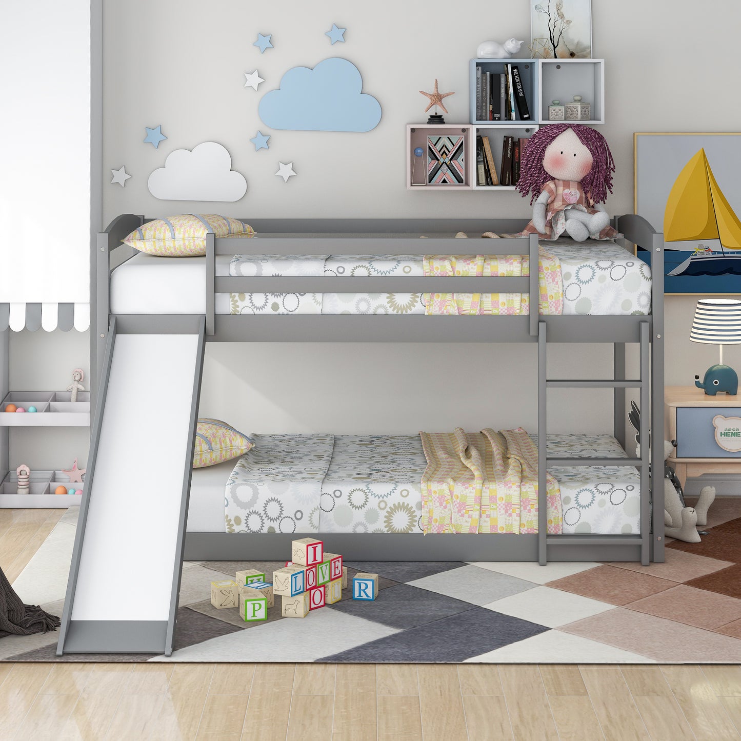 White Twin Bunk Beds with Slide for Kids, Low Profile Bunk Beds with Built-in Ladder, Kids Bedroom Furniture Floor Bed Frame for Toddlers Boys Girls, No Box Spring Needed, Hold 400LBS