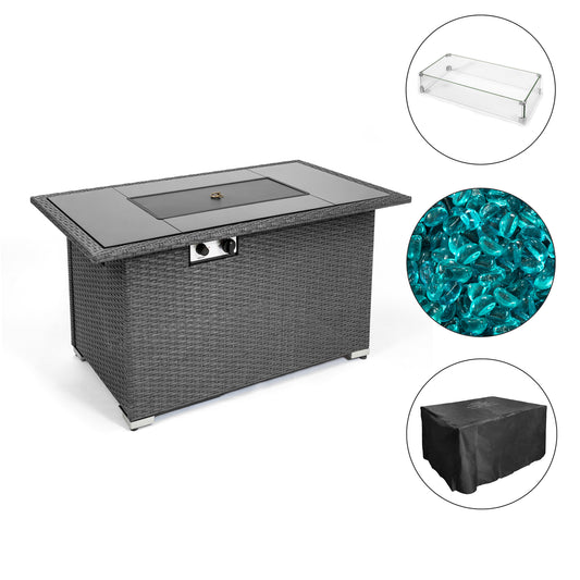 Outdoor Fire Pit, SYNGAR 44" 50,000 BTU Auto-Ignition Propane Fire Pit Table W/ Glass Wind Guard, Tempered Glass Tabletop, Lid, Rocks & Cover, 2-in-1 Gas Fire Pit for Patio Yard Poolside, C05