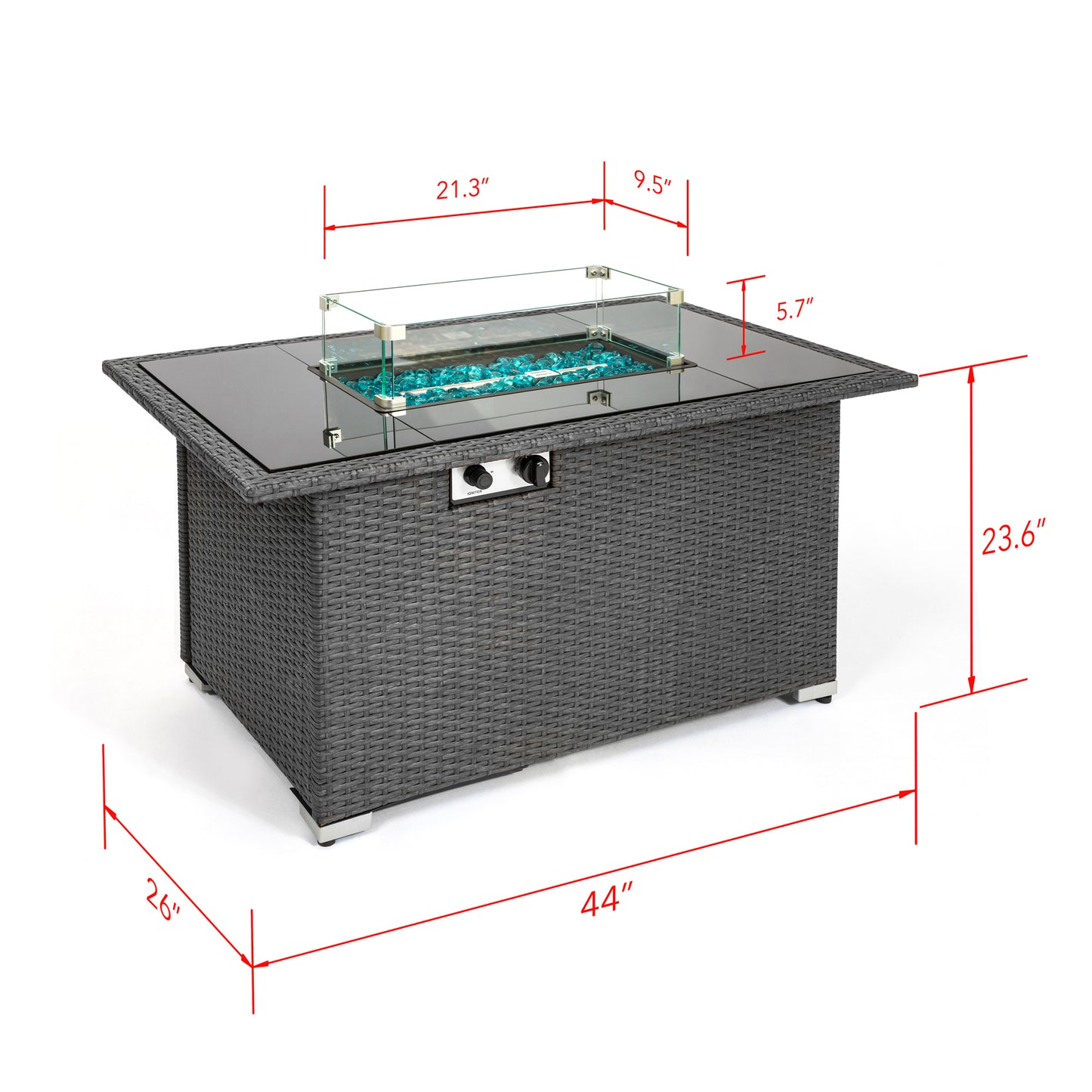 Outdoor Fire Pit, SYNGAR 44" 50,000 BTU Auto-Ignition Propane Fire Pit Table W/ Glass Wind Guard, Tempered Glass Tabletop, Lid, Rocks & Cover, 2-in-1 Gas Fire Pit for Patio Yard Poolside, C05