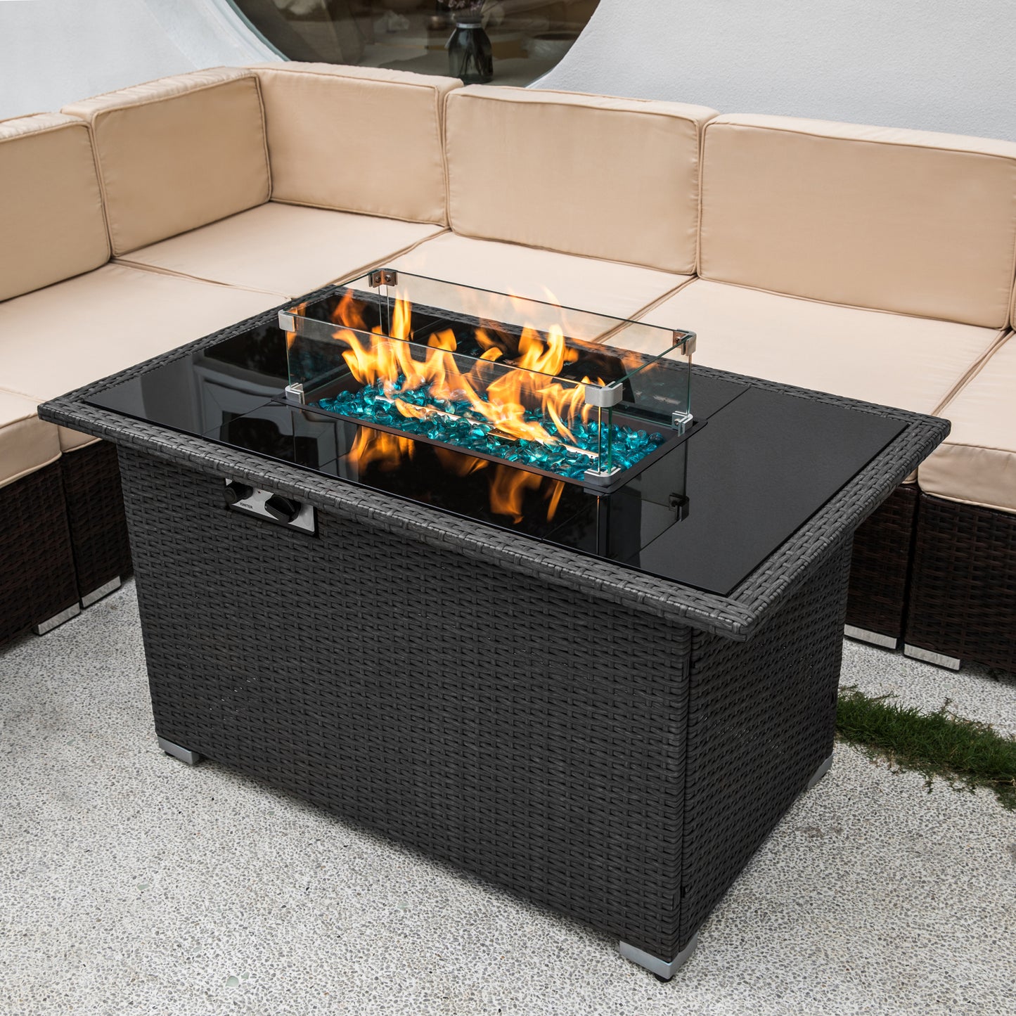 Outdoor Fire Pit, SYNGAR 44" 50,000 BTU Auto-Ignition Propane Fire Pit Table W/ Glass Wind Guard, Tempered Glass Tabletop, Lid, Rocks & Cover, 2-in-1 Gas Fire Pit for Patio Yard Poolside, C05