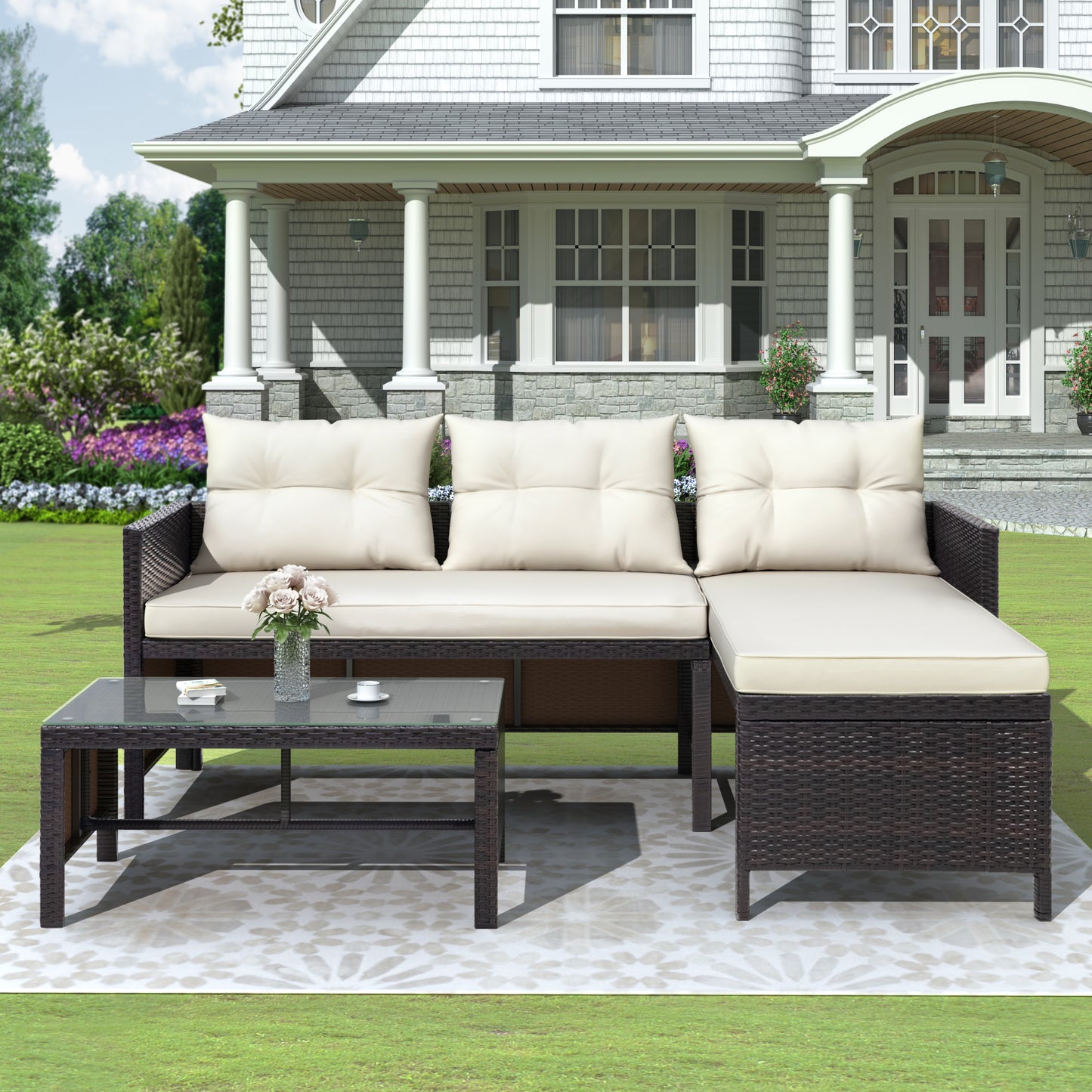 Syngar Patio Furniture Sectional Set, 3-Piece PE Wicker Cushioned Sofa Set, Outdoor Conversation Chair Set with Two-Seater Sofa, Lounge Sofa & Coffee Table, for Backyard, Poolside, Garden, Deck, D6030
