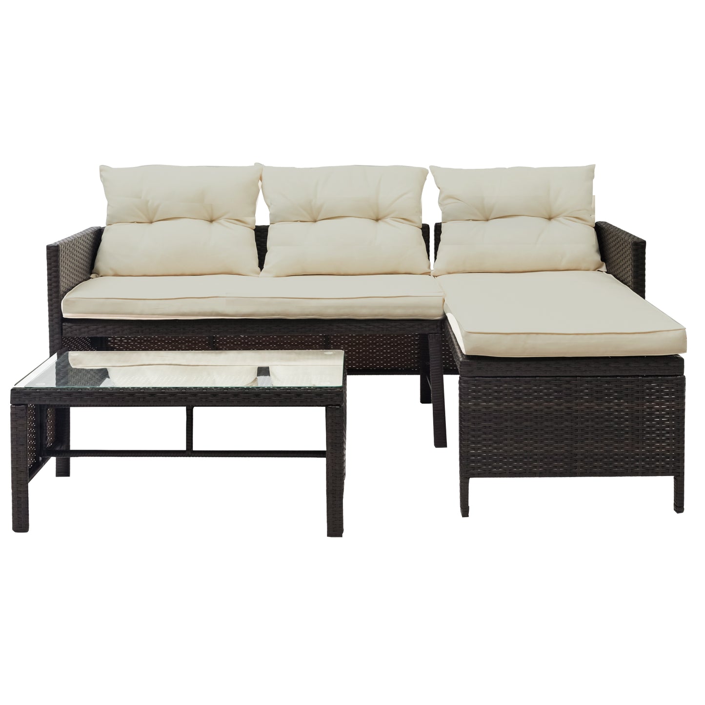 Syngar Patio Furniture Sectional Set, 3-Piece PE Wicker Cushioned Sofa Set, Outdoor Conversation Chair Set with Two-Seater Sofa, Lounge Sofa & Coffee Table, for Backyard, Poolside, Garden, Deck, D6030