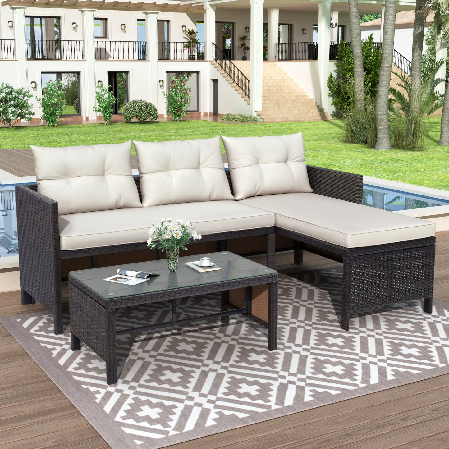 SYNGAR 3 Pieces PE Wicker Furniture Set, Patio Conversation Furniture Set with Two-Seater Sofa, Lounge Chair, Table & Cushions, Outdoor Sectional Sofa Set for Backyard, Deck, Balcony, Poolside, D6032