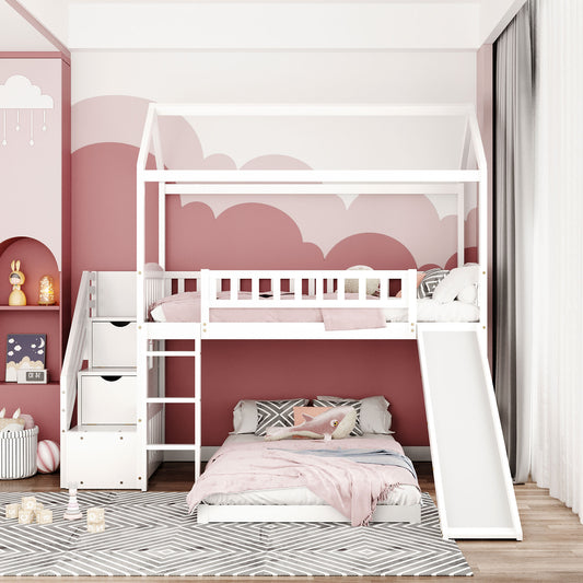 Bunk Bed with Slide, Solid Wood Twin Bunk Bed with Ladder, Safety Guardrail, Stairway with 2 Drawers, Twin over Twin Bunk Bed Frame No Box Spring Needed, House Bunk Bed for Kids Teens, White, C02