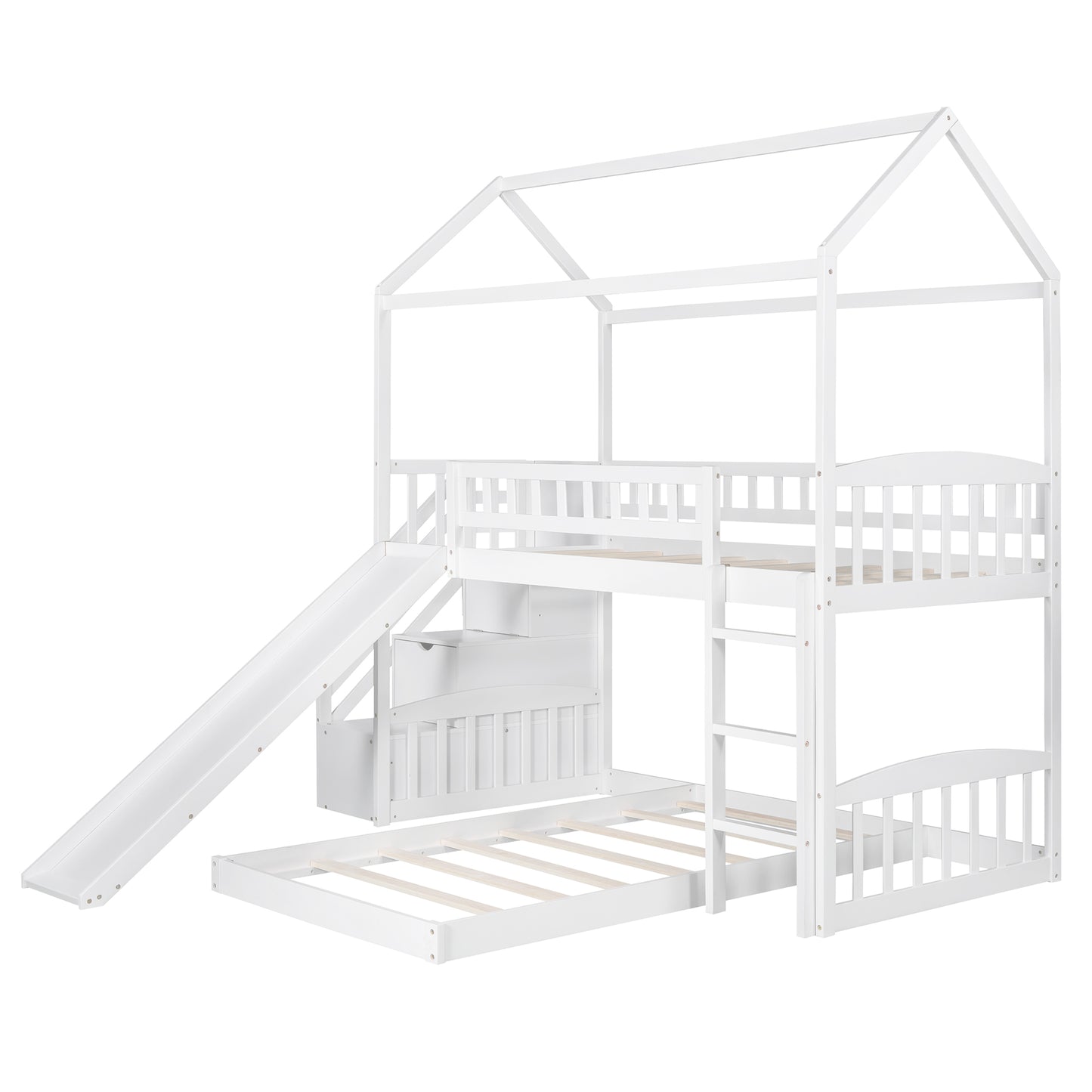Bunk Bed with Slide, Solid Wood Twin Bunk Bed with Ladder, Safety Guardrail, Stairway with 2 Drawers, Twin over Twin Bunk Bed Frame No Box Spring Needed, House Bunk Bed for Kids Teens, White, C02