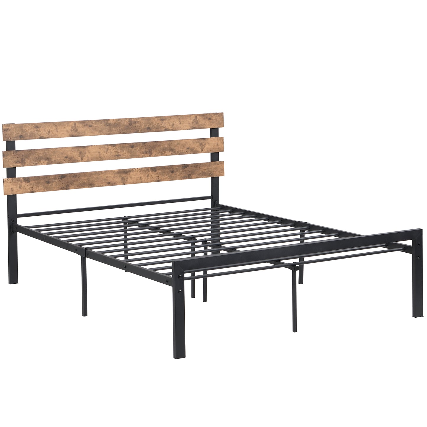SYNGAR Black Metal Platform Bed Frame Full Size with Wooden Headboard, Steel Legs, Underbed Storage, Strong Slat Support, No Box Spring Needed, Rustic Full Bed Frame for Kids Teens Adults