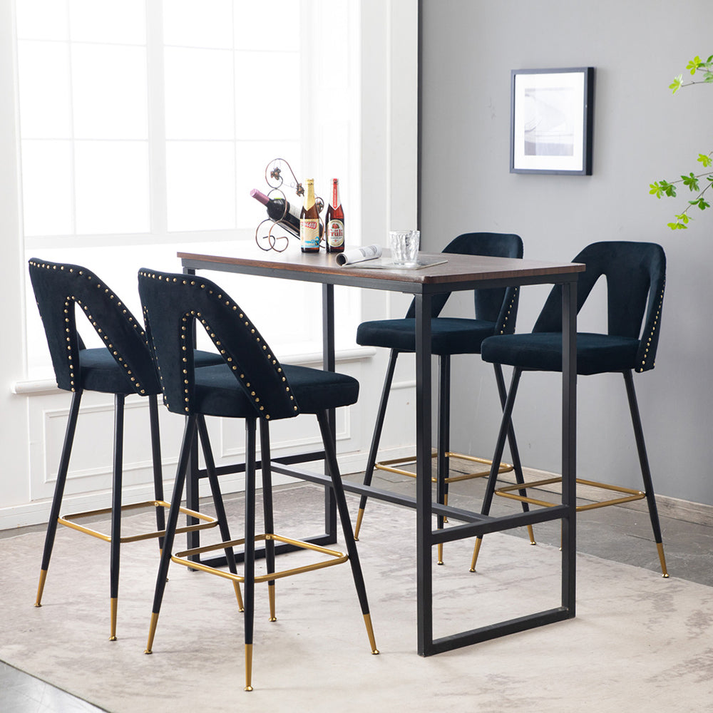 SYNGAR Modern Bar Chairs Set of 2, Contemporary Velvet Upholstered Bar Stools Tool and Counter Stools with Nailheads and Gold Tipped Black Metal Legs, Black Leisure Style Bar Chairs, Black