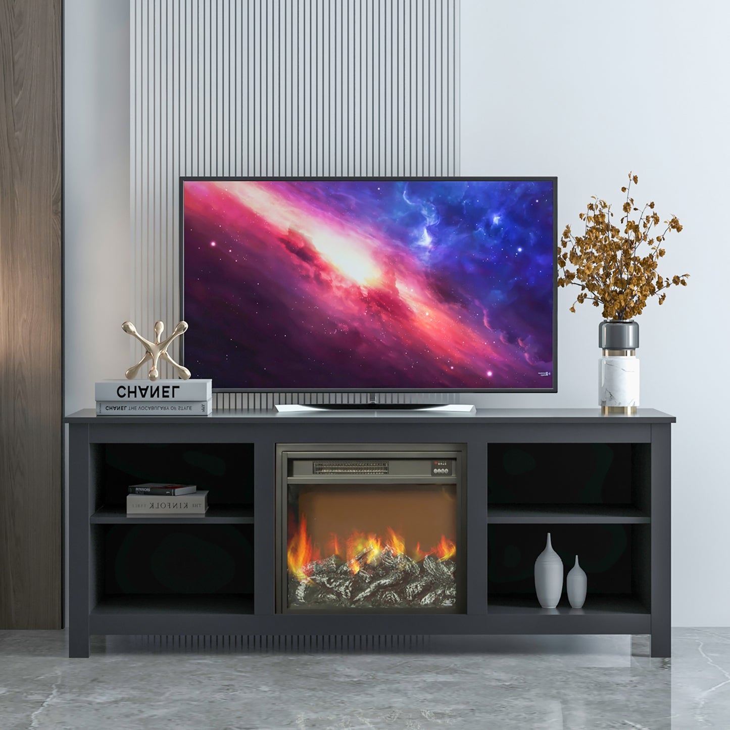 Fireplace TV Stand for TV up to 65 inches, Wood Electric Fireplace TV Console Table Stand with Storage Open Shelves, Home Living Room Entertainment Center, White, 58"L x 16"W x 24"H