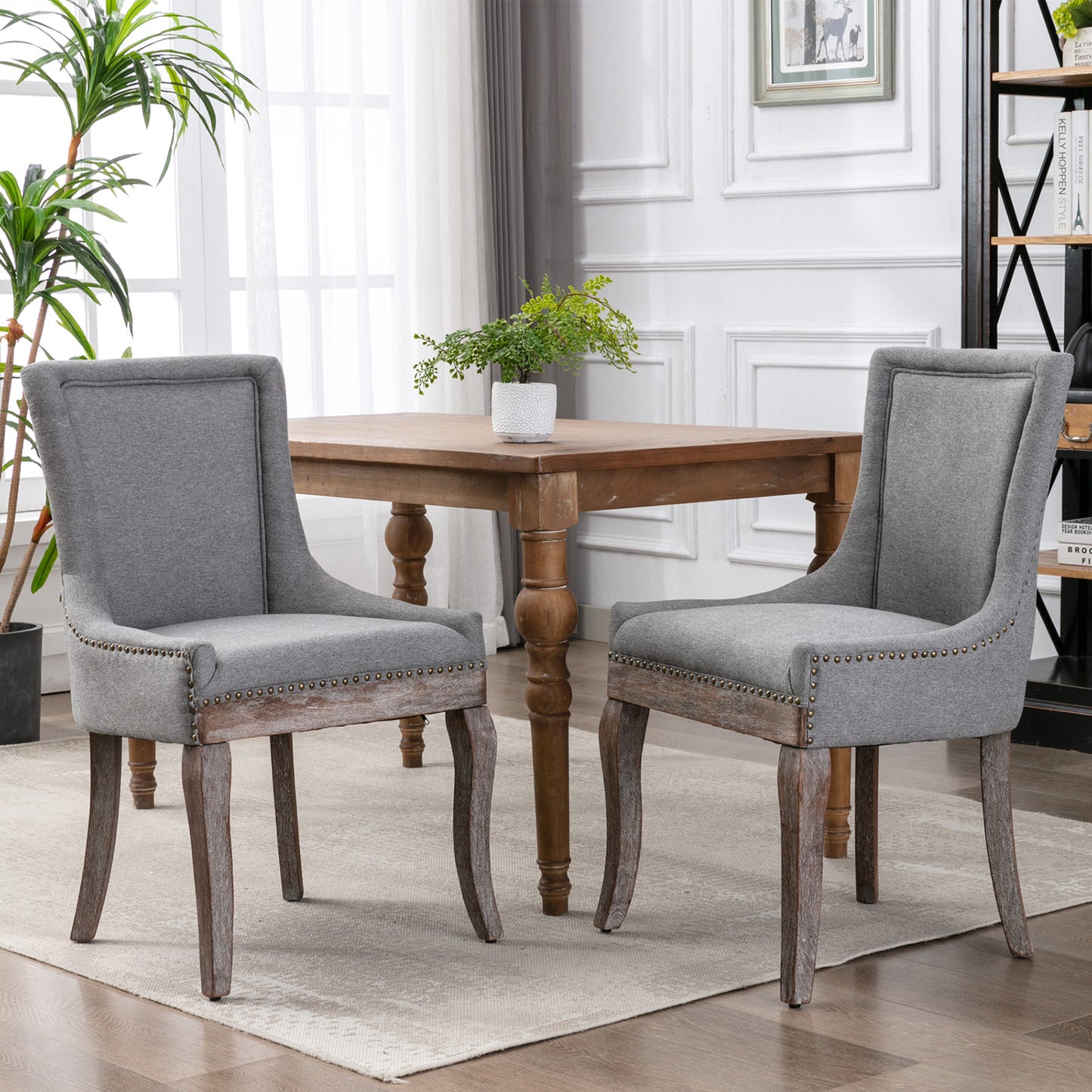 SYNGAR Upholstered Thickened Fabric Dining Chairs Set of 2, Solid Wood Contemporary Kitchen Chairs for Dining Room, Accent Chairs with Nail Head Decor, Gray