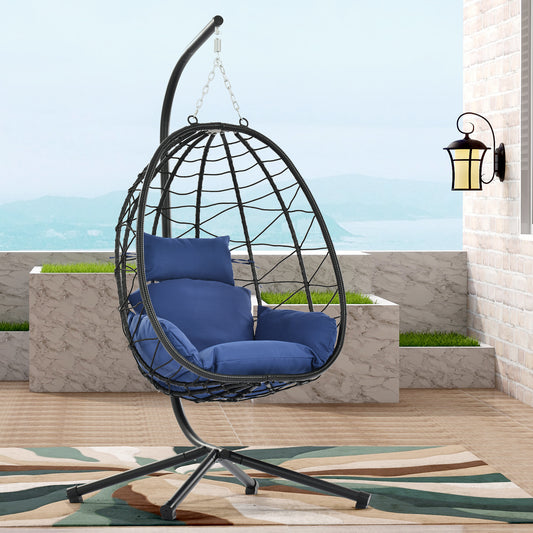 Wicker Hanging Egg Chair with Stand, Hammock Egg Chairs with Hanging Kits, Soft Cushion & Pillow, Large Swing Lounge Chair, Outdoor Indoor Patio Balcony Bedroom Relaxing Basket Chair, B054